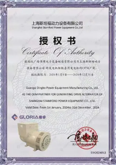 Certificat d'autorisation OEM pour l’alternateur Shanghai STAMFORD