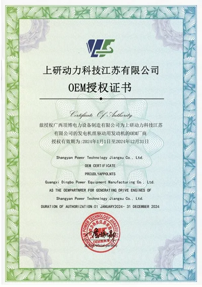 Certificat d'autorisation OEM pour le moteur diesel Shangyan Power